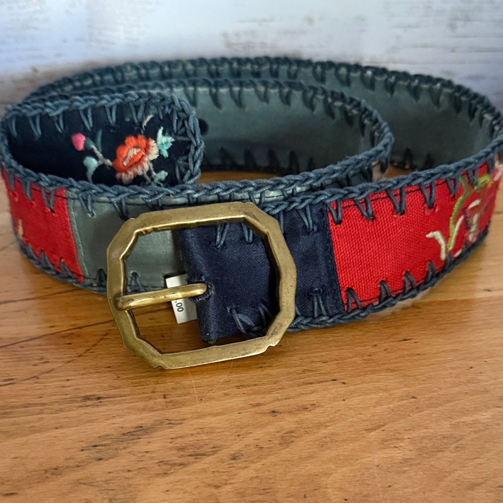 Lucky Brand Belt Ornate Boho-Chic Floral Bird Embroidery Brass Buckle